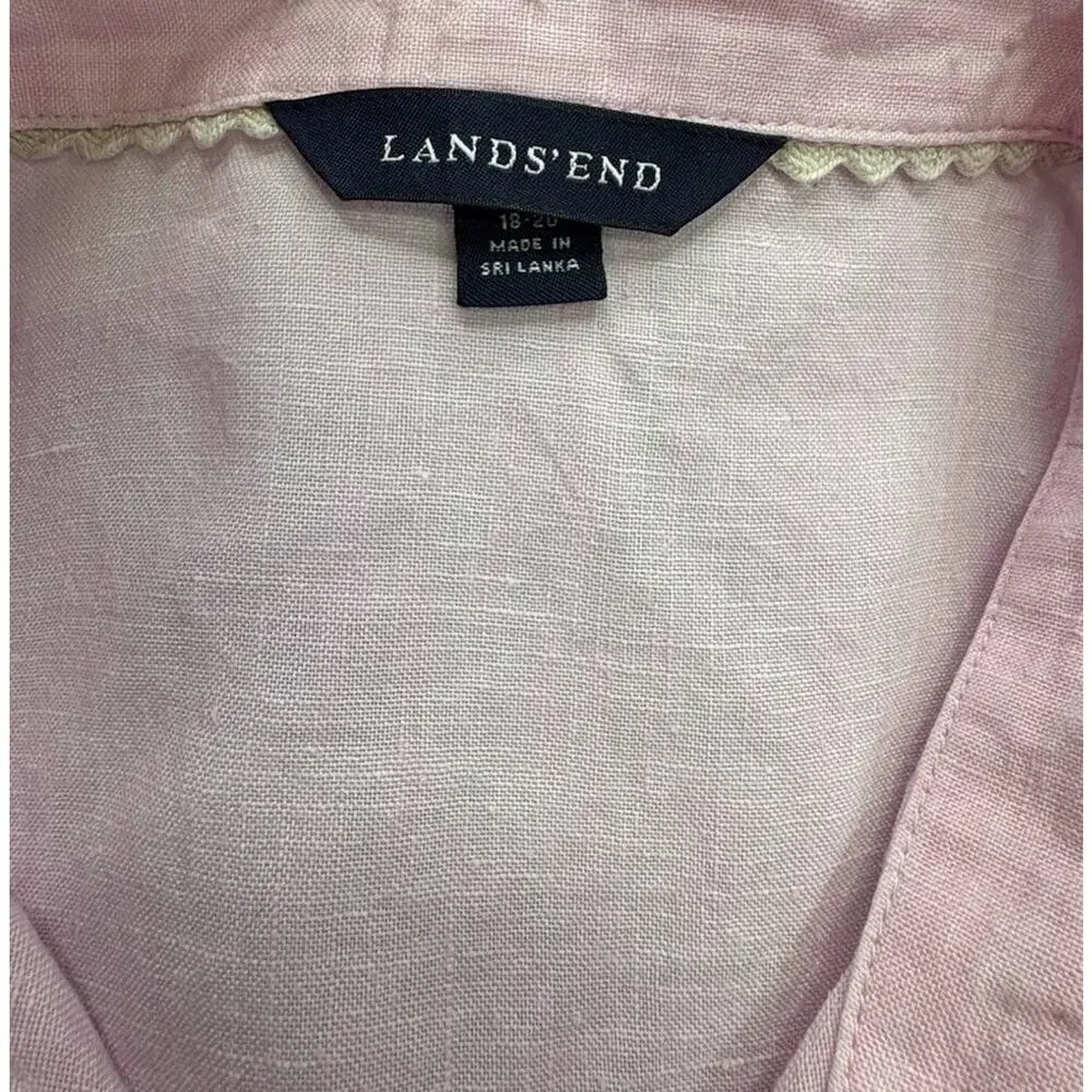 Lands' End Women's Pink Linen Short Sleeve Button-Up Shirt XL 18-20 Casual
